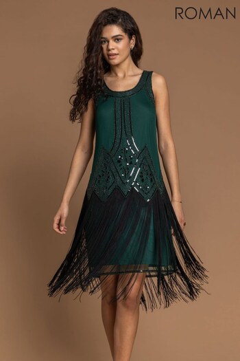 Roman Green Sequin Fringe Hem Flapper Dress (Q58382) | £65