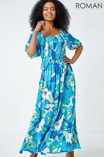 Roman Blue Floral Stretch Tiered Maxi Dress (Q58385) | £45