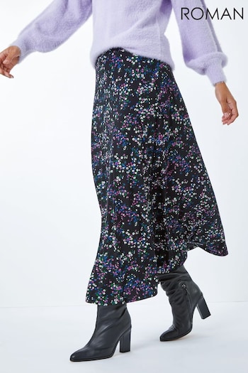 Roman Black Ditsy Floral Stretch Midi Skirt (Q58403) | £26