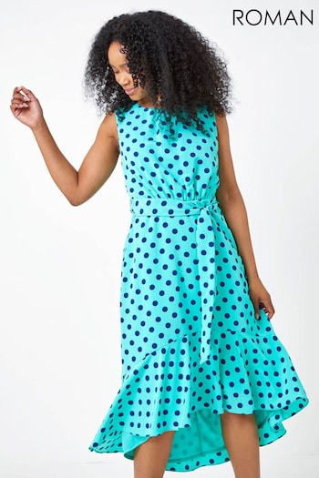 Roman Blue Petite Polka Dot Belted Dress (Q58411) | £55