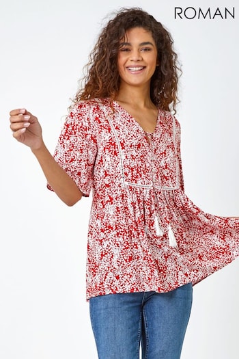 Roman Red Ditsy Floral Tie Smock Top (Q58416) | £32
