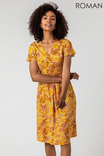 Roman Yellow Paisley Print Twist Knot Dress (Q58421) | £35