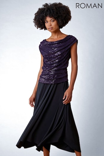 Roman Black Sequin Cowl Neck Contrast Midi Dress (Q58422) | £48