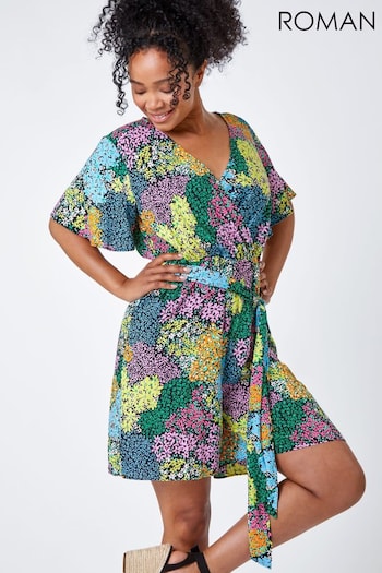 Roman Green Petite Ditsy Floral Belted Playsuit (Q58428) | £38