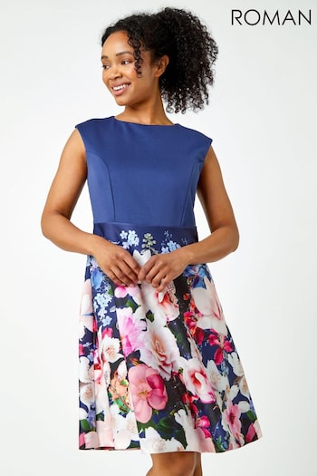 Roman Blue Premium Stretch Floral Dress (Q58429) | £55