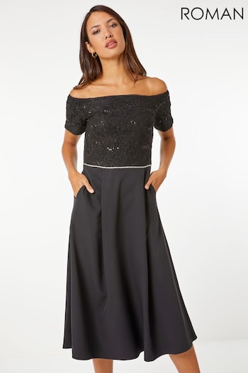 Roman Black Lace Bardot Fit & Flare Midi Dress (Q58454) | £58