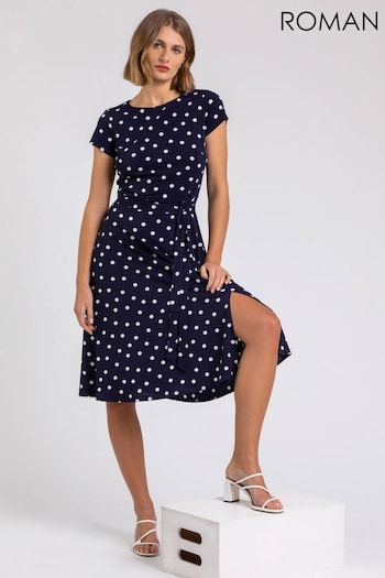Roman Blue Tie Waist Spot Print Dress (Q58466) | £40