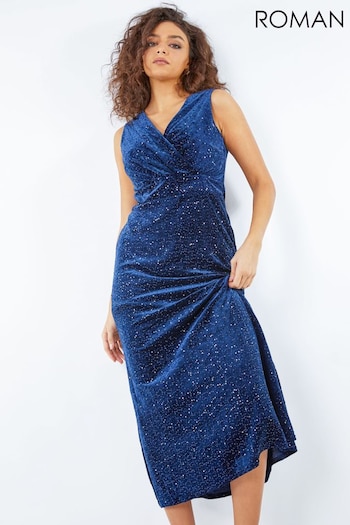 Roman Blue Petite Velvet Sequin Maxi Dress (Q58468) | £75