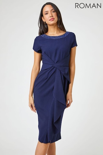 Roman Blue Embellished Twist Waist Midi Dress (Q58478) | £65