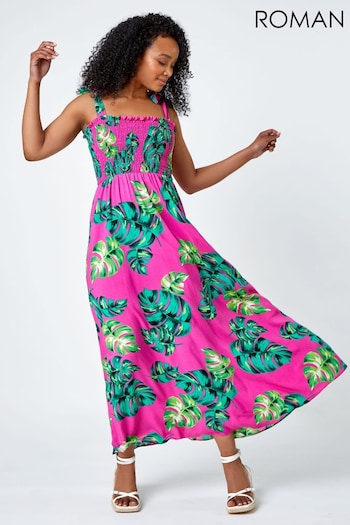 Roman Pink Tropical Print Shirred Maxi Dress (Q58482) | £45