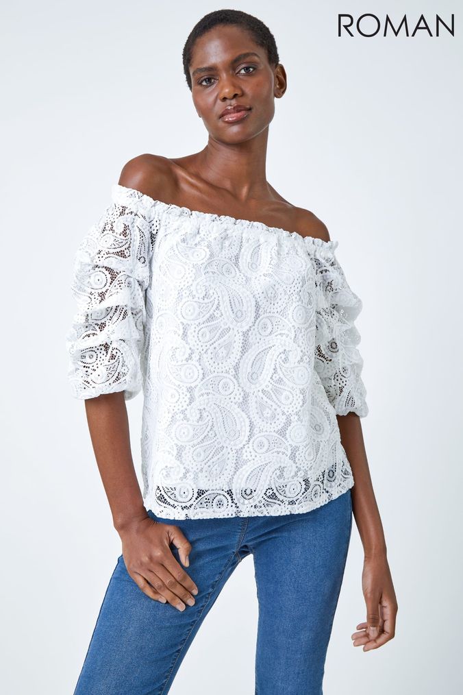 Ladies white sales bardot tops