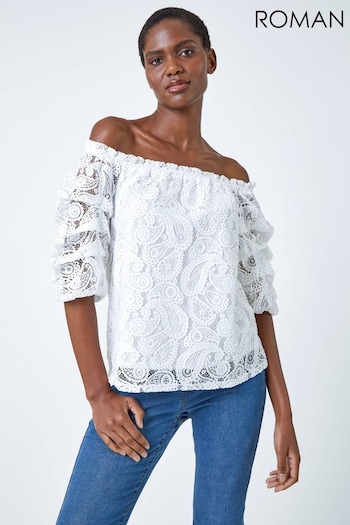 Roman White Paisley Lace Ruched Sleeve Bardot Top (Q58484) | £28