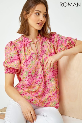 Roman Pink Ditsy Floral Ruffle Neck Blouse (Q58485) | £28
