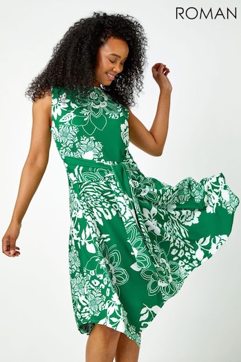 Roman Green Petite Tie Waist Floral Stretch Dress (Q58498) | £42
