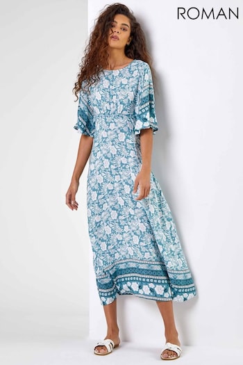 Roman Blue Floral Border Print Midi Dress (Q58499) | £40