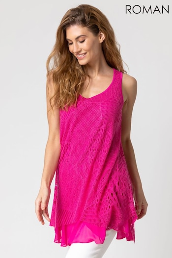 Roman Pink Lace Overlay Hanky Hem Vest Top (Q58512) | £25