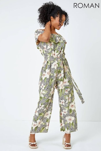 Roman Green Floral Bardot Frill Jumpsuit (Q58517) | £42