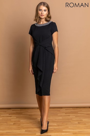 Roman Black Embellished Twist Waist Midi Dress (Q58526) | £60