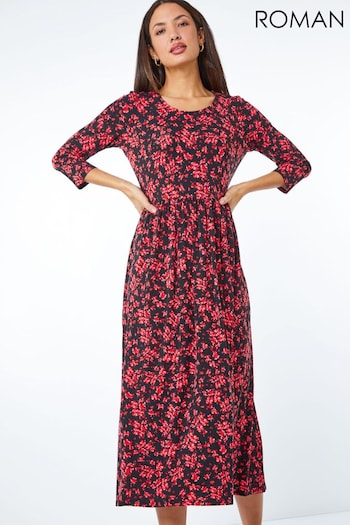 Roman Red Ditsy Floral Gathe Skirt Stretch Midi Dress (Q58527) | £40