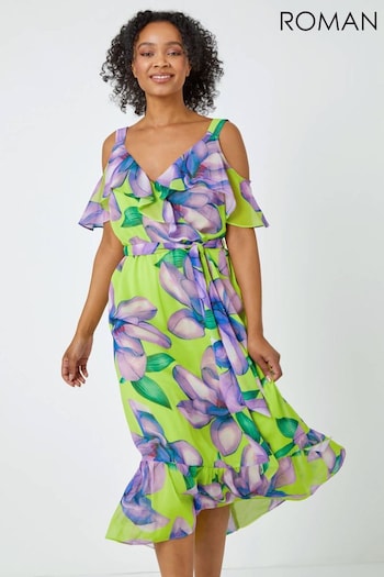 Roman Green Petite Cold Shoulder Floral Frill Midi Dress (Q58529) | £55