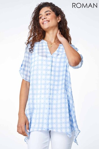 Roman Blue Textured Check Hanky Hem Blouse (Q58530) | £32