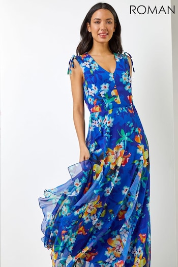 Roman Blue Floral Print Frill Detail Maxi Dress (Q58532) | £55
