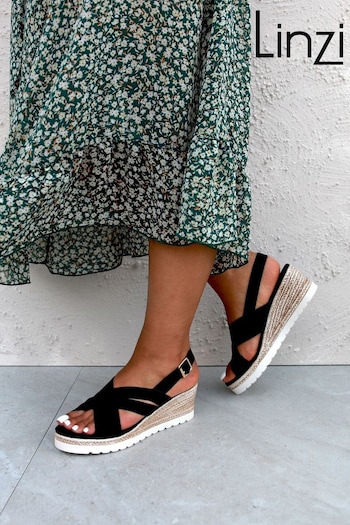 Linzi Black Myla Sling Back Wedge Espadrilles With Cross Over Front Strap (Q58544) | £38