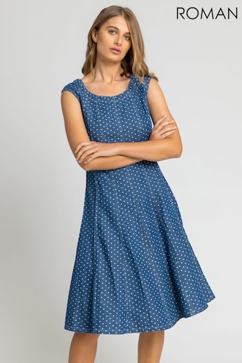 Roman Blue Spot Print Top Stitch Skater Dress (Q58555) | £45