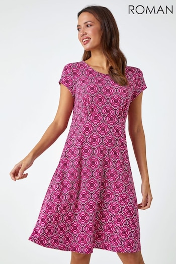 Roman Pink Geo Print Textured Stretch Dress (Q58557) | £38