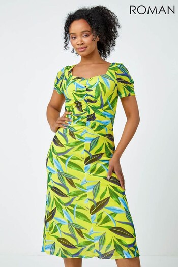 Roman Green Tropical Ruched Stretch Dress (Q58576) | £45