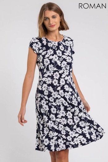 Roman Blue Floral Puff Print Tea Dress (Q58587) | £38