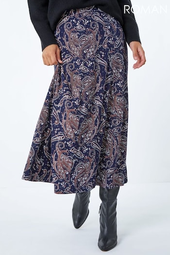 Roman Blue Paisley Print Stretch Midi Skirt (Q58608) | £30