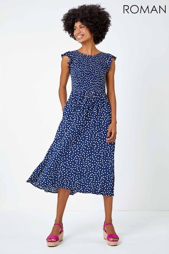 Roman Blue Frill Sleeve Polka Dot Shirred Midi Dress (Q58615) | £40