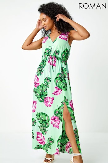 Roman Green Petite Palm Print Stretch Maxi Dress (Q58626) | £42