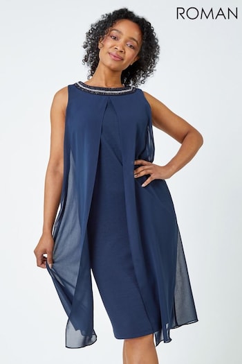 Roman Blue Embellished Neck Chiffon Dress (Q58628) | £55