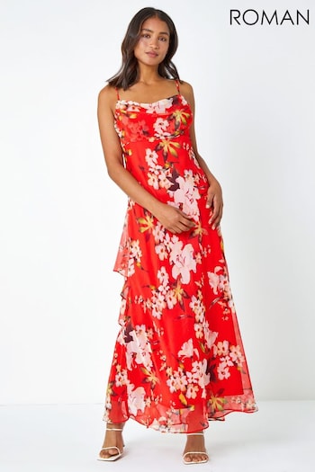 Roman Red Floral Cowl Neck Chiffon Dress (Q58633) | £60