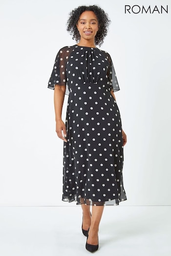 Roman Black Petite Polka Dot Chiffon Midi Dress (Q58636) | £55