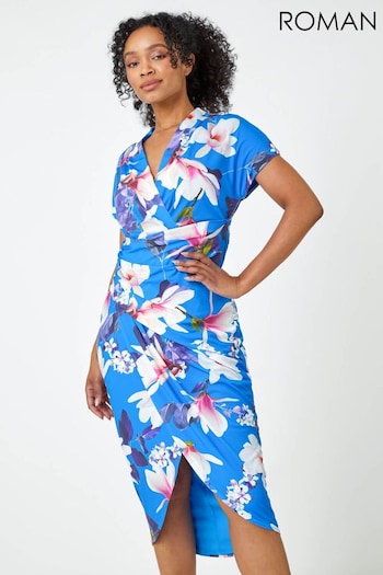 Roman Blue Petite Ruched Floral Wrap Dress (Q58650) | £48