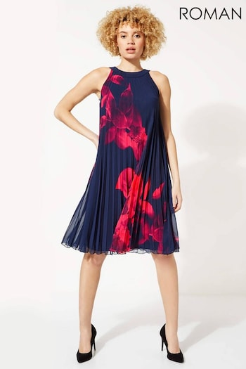 Roman Blue Floral Print Pleated Swing Dress (Q58655) | £65