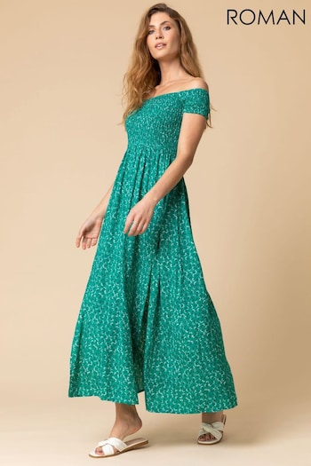 Roman Green Shirred Floral Print Bardot Dress (Q58656) | £35