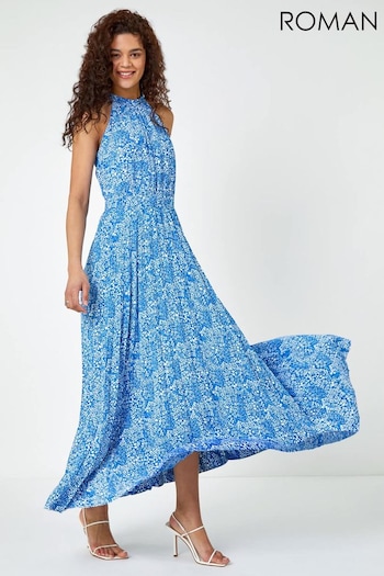 Roman Blue Ditsy Floral Halter Neck Maxi Plus Dress (Q58660) | £70