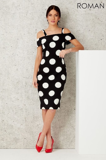 Roman Black Polka Dot Bardot Dress (Q58681) | £50