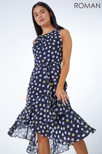 Roman Blue Petite Spot Print Frill Trim Dress (Q58707) | £55