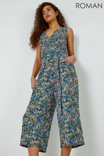 Roman Blue Sleeveless Floral Print Wrap Jumpsuit (Q58735) | £40