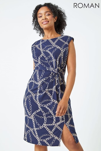 Roman Blue Petite Chain Print Side Tie Dress (Q58737) | £42