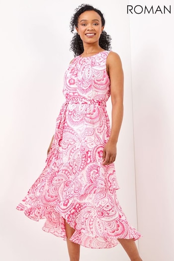 Roman Pink Petite Paisley Print Dipped Frill Hem Dress (Q58745) | £55