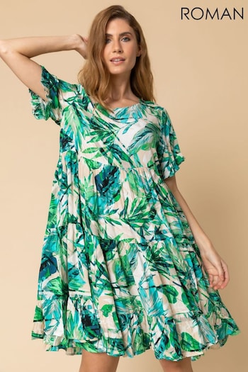 Roman Green Tropical Print Tiered Pocket Dress (Q58805) | £38