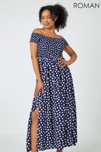 Roman Blue Petite Polka Dot Bardot Midi Dress (Q58813) | £38