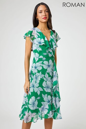 Roman Green Floral Print Frill Midi Dress (Q58820) | £55