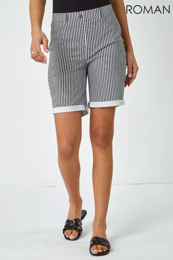 Roman Black Stripe Print Turn Up Stretch Navy Shorts (Q58824) | £26